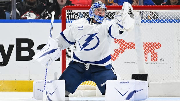 Lightning goaltender Andrei Vasilevskiy makes a glove save while down on pads during a game with fans watching behind the glass