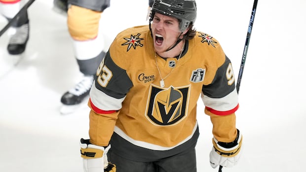 Golden Knights player celebrating after scoring in double overtime during Stanley Cup final Game 3 against Hurricanes