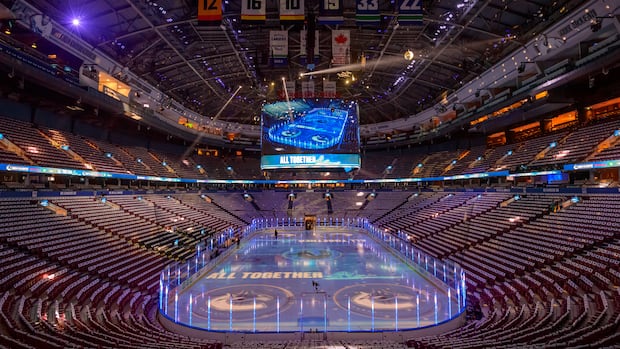 Interior view of an empty hockey arena with bright lights and ice rink before a game