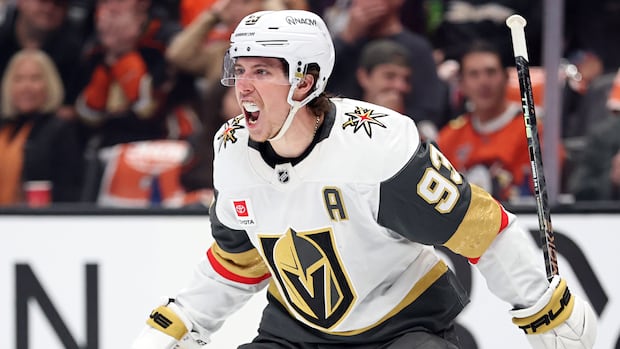 Mitch Marner of the Vegas Golden Knights celebrates scoring a goal against the Anaheim Ducks during the 2026 Stanley Cup Playoffs